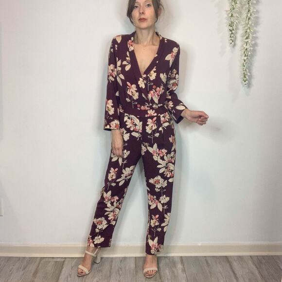 ZARA floral jumpsuit long sleeve faux wrap pockets straight leg boho 70s 2408 - Picture 9 of 12